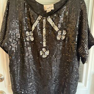 Vintage 80s Black Silver Sequin & Rhinestone Blouse by In Fashions Sht Sleeve